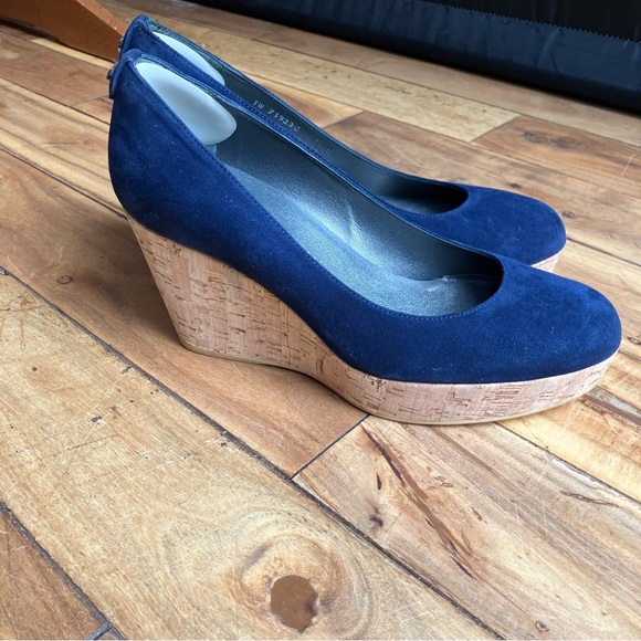 Stuart Weitzman Corkswoon Navy Blue Designer Wedges Size 7.5 - Picture 12 of 15